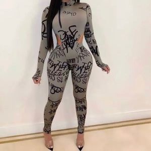 Letter Print Bodycon Jumpsuit Two Piece Set